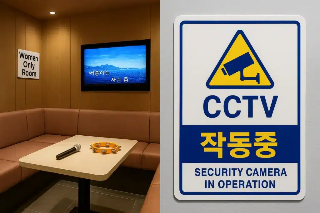 여성전용 노래방 내부와 CCTV 작동 경고 표지