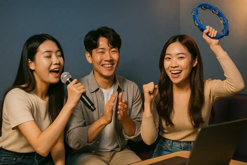 세 명의 젊은 친구들이 프라이빗 노래방에서 즐겁게 노래하고 악기를 연주하며 웃고 있는 장면