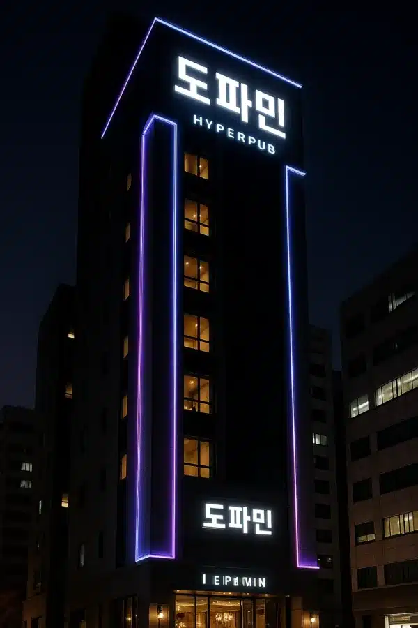 "강남 도파민 하이퍼블릭의 외관을 정면에서 촬영한 이미지. 현대적인 건물 외벽과 간접 조명이 강조됨."